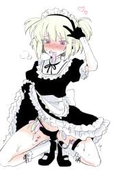 1boy blush condom condom_in_mouth crossdressing cum cum_in_mouth embarrassed femboy_only heart-shaped_pupils lifting_skirt lio_fotia maid maid_apron maid_headdress maid_outfit maid_uniform petite petite_body petite_male promare sex_toy skirt_lift slim slim_male slim_waist solo twintails used_condom v_sign vibrator