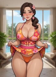 ai_generated blurry_background blush brunette_hair cameltoe cel_shading cleavage curtains earrings exposed_panties female floral_print flower_earrings flower_in_hair front-tie_top grok hair_over_shoulder large_breasts lifting_skirt lipstick lounge_chair low_ponytail midriff_peek milf mole_on_breast pelvic_line poolside potted_plant rgomez007 self_upload shy shy_expression sideboob skirt_lift smiling solo_female standing summer_dress thick_lips thick_outline thick_thighs wide_hips