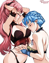 2girls artist_name back bangs bare_back bare_midriff black_panties blue_hair blush braid breast_kiss breasts brown_eyes cleavage closed_eyes crown_braid dated eye_contact female female_only fire_emblem fire_emblem:_three_houses grabbing hartman_hips hilda_valentine_goneril kissing large_breasts light_blue_hair lingerie long_hair looking_at_another marianne_von_edmund medium_breasts minacream multiple_girls nail_polish nintendo panties pink_eyes pink_hair ponytail short_hair simple_background thong twintails underwear white_background yuri