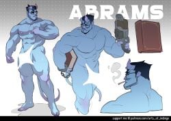 1boy abrams_(deadlock) abs arts_of_indiego bara bare_pectorals beard biceps black_hair blue_horns blue_skin book broken_horn censored character_name colored_skin completely_nude deadlock_(game) demon demon_horns demon_tail english_commentary facial_hair glasses gun holding holding_book holding_gun holding_weapon horns male_focus muscular muscular_male navel nipples nude pectorals smoking tail weapon