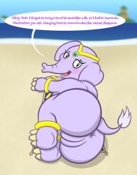 anus ass beach big_butt blush carpet detailed_background elephant elephantid english_text female feral genitals hi_res huge_butt jewelry looking_at_viewer lying mammal on_side outside proboscidean raised_tail sand sea shantae shantae_(elephant_form) sharkinwaves solo sunbathing tail talking_to_viewer text vulva water wayforward