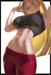 1girls abs absurdres black_border blonde_hair border breasts commentary english_commentary female female_only highres jujutsu_kaisen light-skinned_female long_hair midriff pants red_pants sleeveless solo the_antin tsukumo_yuki_(jujutsu_kaisen) yuki_tsukumo