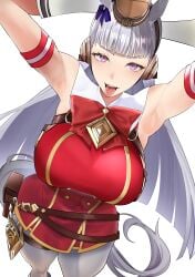 1girls absurdres animal_ears armband armpits bare_shoulders blunt_bangs bow bowtie breasts brown_hat commentary_request dress ear_bow female gloves gold_ship_(red_strife)_(umamusume) gold_ship_(umamusume) grey_hair hat highres horse_ears horse_girl horse_tail jitome_no_tsugumi large_breasts long_hair looking_at_viewer pantyhose parted_lips pillbox_hat purple_bow purple_eyes red_bow red_bowtie red_dress sleeveless sleeveless_dress smile solo striped_armband striped_clothes tail teeth tongue tongue_out umamusume upper_teeth_only white_gloves white_pantyhose