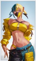 1girls absurdres aqua_hair arm_behind_back badge bandeau bare_shoulders belt black_belt black_mask blonde_hair blue-haired_female blue_eyes blue_hair blue_nails border breasts button_badge canari_(pokemon) canary_(pokemon) clothes_pull commentary contrapposto criss-cross_straps dark-skinned_female dark_skin female female_only gradient_background hair_between_eyes highres jacket long_sleeves looking_at_viewer mask mouth_mask multicolored_hair nail_polish navel nintendo off_shoulder pants pants_pull pokemon pokemon_legends:_z-a short_hair short_twintails skindentation solo split-color_clothes split-color_hair stomach sweat the_antin toned toned_female twintails two-tone_hair two-tone_mask two-tone_pants white_border yellow_bag yellow_bandeau yellow_jacket yellow_mask yellow_nails