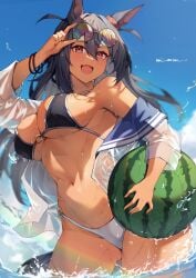 1girls :d absurdres adjusting_eyewear animal_ears bikini black_bikini blue_hair blue_sky blush bracelet breasts cleavage dark-skinned_female dark_blue_hair dark_skin ear_ornament ear_scrunchie female female_only food fruit gluteal_fold hair_between_eyes hair_ornament hairclip hand_up highres hishi_amazon_(umamusume) holding holding_food holding_fruit horse_ears horse_girl horse_tail jewelry large_breasts long_hair looking_at_viewer misoni_(mi_so_ni_t) navel o-ring o-ring_bikini oerba_yun_fang open_clothes open_mouth open_shirt outdoors red_eyes red_scrunchie round_eyewear scrunchie shirt sky sleeves_rolled_up smile solo splashing stomach swimsuit tail thighs umamusume very_long_hair water watermelon wet wet_clothes wet_shirt white_bikini white_shirt
