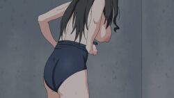 animated ass black_hair blue_one-piece_swimsuit blush breasts commentary_request female kinme_wakana kirei_ni_shitemoraemasuka large_breasts long_hair nipples one-piece_swimsuit sincos solo swimsuit undressing