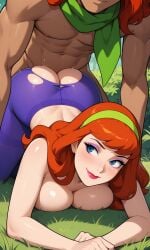 1boy 1boy1girl 1girls ai_assisted ai_generated ass bare_arms bare_back bare_breasts bare_midriff bare_shoulders blue_eyes blush breast_press closed_mouth daphne_blake dark-skinned_male dark_skin eyebrows eyelashes eyeliner eyeshadow green_scarf hairband hi_res large_breasts lipstick long_eyelashes looking_at_partner looking_back makeup mascara outdoor_sex outdoors outdoors_sex outside outside_sex pantyhose perfect_body petite petite_body petite_female prone_bone realistic red_hair scarf scooby-doo sex sex_from_behind shiny_skin smile topless torn_pantyhose waifufamily