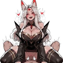 ahri ahri_(league_of_legends) ai ai_art ai_generated assertive_female cleavage cowgirl_position facial_markings femdom fox_ears fox_girl heart immortalized_legend_ahri large_breasts league_of_legends multicolored_hair red_eyes trembling whisker_markings