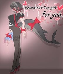1futa 1girls 2_penises angry animal_genitalia balls big_breasts black_hair blue_penis bound bound_wrists breasts clothed clothed_female clothing diphallism ellen_joe erection female frills futa_only futanari gift_wrapped gift_wrapping headdress heels huge_cock humanoid light_skin mostly_clothed multi_penis nipple_bulge ostyyyy penis ribbon shark_girl shark_tail solo solo_futa standing stockings tail thiren zenless_zone_zero