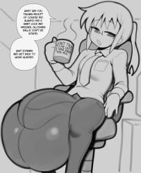 angstrom big_bulge bulge bulge_in_pants casual_hyper dialogue fully_clothed fully_clothed_female futanari glasses grayscale huge_bulge hyper hyper_balls hyper_bulge hyper_penis kobayashi kobayashi-san_chi_no_maidragon miss_kobayashi's_dragon_maid mug oblivious ponytail reality_revision shaded speech_bubble tagme text tie