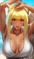 1girls armpits arms_up beach big_breasts blonde_hair cat_ears catgirl female female_only final_fantasy final_fantasy_xiv large_breasts lowres miqo'te necklace ocean pose red_eyes rock sand sea sgk sky solo swimsuit tan tan_skin tongue tongue_out