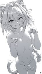 1boy :d absurdres animal_ear_fluff animal_ears artist_name astolfo_(fate) backlighting blush bow braid cat_ears cat_tail commentary completely_nude english_commentary erection fate/grand_order fate_(series) femboy furrowed_brow hair_intakes hairbow hands_up head_cha_la highres light-skinned_male long_hair looking_at_viewer male male_focus male_only navel nipples nude oerba_yun_fang paw_pose penis single_braid skin_fang smile solo sweat tail testicles uncensored