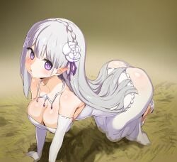 1girls absurd_res all_fours armwear ass big_breasts big_butt blush breasts cleavage clothed clothing dress elbow_gloves elf elf_ears elf_female emilia_(re:zero) gloves grey_hair hair handwear hay hi_res jewelry kneeling light_body light_skin mayo_(artist) not_furry pointy_ears purple_eyes re:zero re:zero_kara_hajimeru_isekai_seikatsu silver_hair wedding_dress white_armwear white_clothing white_dress white_elbow_gloves white_gloves white_handwear