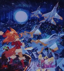 aircraft anthro christmas christmas_lights furry gift honhearthy lagopuss mech mecha mig moogle moon night night_time present santa_hat sleigh