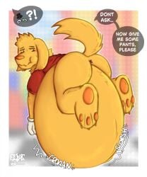 anthro anus belly big_belly blurred_background blush blush_lines border bottomless bottomless_anthro bottomless_male caine_(tadc) canid canine canis clothed clothing disembodied_eyes domestic_dog duo eliaslynxie english_description english_text fur glitch_productions gloves handwear hi_res huge_belly hyper hyper_belly levitation looking_at_viewer looking_back looking_back_at_viewer male mammal onomatopoeia oral_vore orange_pawpads pawpads red_clothing red_shirt red_t-shirt red_topwear rumbling_stomach scratch_(tadc) shirt sloshing_belly solo_focus sound_effects speech_bubble t-shirt talking_to_another text the_amazing_digital_circus topwear vore white_border white_clothing white_gloves white_handwear x_anus yellow_body yellow_fur