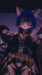 1girls 3d belt blue_eyes blue_hair bracelet breasts collar earrings fansly female glasses goth harness heterochromia lingerie looking_at_viewer nails necklace piercing rivy_cytherea smoking tattoo tongue_out virtual_reality virtual_youtuber vr vrchat vrchat_avatar vrchat_media vrchat_model wolf_ears wolf_girl