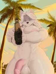 0grapheneheart0 abs absurd_res anthro arctic_wolf areola balls big_breasts blue_eyes braided_hair breasts canid canine canis claws digital_media_(artwork) fingers flaccid foreskin fur genitals glans gun gynomorph hair handgun heterochromia hi_res holding_gun holding_object holding_ranged_weapon holding_weapon huge_breasts humanoid_genitalia humanoid_penis intersex long_hair looking_at_viewer low-angle_view mammal muscular muscular_anthro muscular_gynomorph muscular_intersex navel nipples nude outside palm_tree penis pink_nipples pistol plant ranged_weapon solo standing thick_thighs tree vein veiny_penis weapon white_body white_fur white_hair wolf yellow_eyes