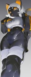 big_breasts black_body breasts cat_ears cat_girl catgirl character clothed clothing dark dark-skinned dark_skin echanis_enicha eyes feline female girl hair large looking looking_at_viewer looking_down_at_viewer oc orange orange_eyelids orange_tongue original robot robot_girl thick_thighs tongue top up upward_angle white