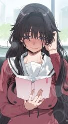 1girls absurdres black_hair black_hairband blurry blush book breasts closed_mouth depth_of_field female hair_intakes hairband hews hews_hack highres holding holding_book kaoru_hana_wa_rin_to_saku kaoruko_waguri large_breasts long_hair looking_to_the_side nose_blush open_book pink_serafuku pubic_hair_in_mouth purple_eyes sailor_collar school_uniform serafuku solo stray_pubic_hair sweat waguri_kaoruko white_sailor_collar