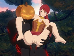 anal armored_corset ass barefoot blank_stare blush circlet earrings feet gloves gorget green_eyes grimm_(rwby) holding_legs interspecies lifting_person long_hair monster_on_female necromalock ponytail pussy pyrrha_nikos red_hair rwby shaved_pussy stand_and_carry_position