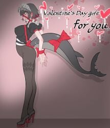 1girls angry big_breasts black_hair bondage bound bound_wrists breasts ellen_joe female frills gift_wrapped gift_wrapping headdress heels long_legs maid_headdress muzzled nipple_bulge ostyyyy ribbon shark_girl shark_tail sharp_teeth short_hair stockings tail thiren zenless_zone_zero