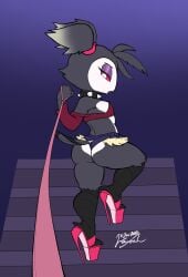 1girls aged_down anthro anthro_female anthro_only anthro_solo avian beak big_ass black_body black_feathers collar cub demon demon_girl eyebrows eyelashes eyeshadow feathers female female_cub female_only flat_chest furry furry_female furry_only glossypenthouse hellaverse helluva_boss high_heel_boots high_heels leash leash_pull octavia_(helluva_boss) owl owl_demon owl_girl red_sclera small_breasts solo solo_anthro solo_female spiked_collar thick thick_ass thick_thighs twintails twintails_(hairstyle) white_eyes wide_hips young young_anthro young_female