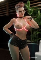1girls 2025 3d areolae big_breasts bra breasts citrus2077 collar cowboy_shot cupless_bra cyberpunk_2077 eyewear female female_only glowing_clothes hip_tilt legs_apart looking_at_viewer navel neon_earrings nipples pompadour rachel_casich round_eyewear shaved_side short_shorts shorts smile solo spiked_collar standing thighs wide_hips