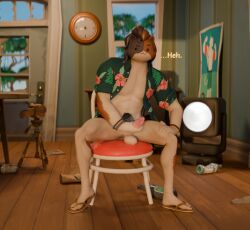 anthro bodily_fluids brown_hair camera chair clothed clothing epic_games felid feline footwear fortnite furniture genital_fluids genitals hair hand_on_leg hand_on_penis male mammal meowscles partially_clothed pecs penis poster precum pubes pumpkinmilkyway purradise_meowscles sitting solo speech_bubble spotlight spread_legs spreading