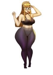 1girls big_ass breasts curvy doublehero full_body glasses large_breasts long_hair navel orange_hair pantyhose persona persona_5 sakura_futaba solo sports_bra tagme thick_thighs thighs wide_hips