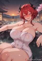 ai_generated arknights arknights:_endfield bare_shoulders blush breasts cleavage collarbone covered_navel curvaceous curvaceous_body curvy curvy_body curvy_female female horns huge_breasts laevatain_(arknights_endfield) large_breasts looking_at_viewer naked_towel onsen open_mouth outdoors patreon_username purple_eyes red_hair scinna self_upload short_hair sitting sky smile solo stable_diffusion thighs towel voluptuous voluptuous_body voluptuous_female water wet