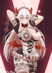 1girls absurdres aestheticc-meme apron areolae blacked blue_eyes bnwo breasts breasts_out demon demon_girl demon_horns demon_tail demon_wings dress edit female gloves higher_resolution_available highres horns large_breasts long_hair maid maid_apron maid_headdress mismatched_gloves mismatched_legwear nipples pointy_ears qos qos_tattoo queen_of_spades raceplay short_dress succubus tail veibae very_long_hair