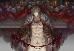 1boy abs alfred_(bloodborne) annalise blonde_hair blood bloodborne bloody_clothes bloody_hands candle cape chest_hair closed_eyes closed_mouth collarbone detailed detailed_background fire flame fromsoftware guro highres holding holding_organ indoors male_focus navel organs painting_(artwork) pilgrim_(silentreverie) pubic_tattoo ribs sideburns skull solo white_cape