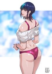1boy ass backside big_ass blue_hair cirenk crossdresser crossdressing crossdressing_male femboy gay hoshi_kirara jujutsu_kaisen legs lip_piercing male male_focus male_only off_shoulder_shirt panties short_hair thick_ass thick_thighs trap twink yaoi
