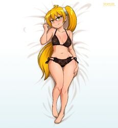 1girls akita_neru arm_up blonde_hair blush brown_underwear dakimakura fanloid female kiramochi light-skinned_female light_skin long_hair ponytail solo solo_female underwear vocaloid yellow_eyes