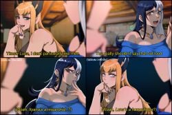 2girls big_breasts blonde_hair blush cleavage comic female female_only imminent_sex luna_snow luna_snow_(marvel_rivals) magik_(illyana_rasputin) magik_(marvel_rivals) marvel marvel_rivals opalisart sexual_tension talking text yuri