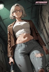 viewed_from_below 1girls ai_generated artoonizer ass big_ass blonde_female blonde_hair breasts capcom dirty female female_focus female_only glasses grace_ashcroft grace_ashcroft_(julia_pratt) grey_eyes jacket legs_together light-skinned_female light_skin medium_breasts narrow_waist navel patreon patreon_username posing resident_evil resident_evil_9:_requiem ripped_clothing serious serious_look short_hair solo solo_female solo_focus standing stomach tank_top thick_thighs wide_hips jeans ripped_pants parted_lips flashlight