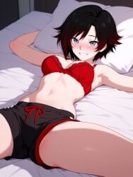 ai_generated armpits arms_up bangs bare_shoulders bed bed_sheet black_hair black_shorts blue_eyes blush bow_bra bra breasts clothing female gradient_hair grey_eyes grin looking_at_viewer lying medium_breasts moxinzayn multicolored_hair navel no_shirt nose_blush on_back on_bed panties panty_peek pillow red_bra red_hair red_panties ruby_rose rwby short_hair short_shorts shorts smile solo spread_legs stomach thighs two-tone_hair underwear upshorts