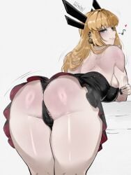 absurdres armpit_crease ass ass_focus back bent_over black_dress black_eyeshadow black_nails black_panties blonde_hair blue_eyes blush breasts cameltoe closed_mouth cocktail_dress commentary cowboy_shot dress earclip earrings eyeshadow female from_behind gy_beth gybeth half-closed_eyes headgear heart highres huge_ass jewelry kneepits large_breasts legs_together looking_at_viewer looking_back magik_(illyana_rasputin) magik_(x-men) makeup marvel marvel_rivals median_furrow muscular muscular_female musical_note panties ring_light_reflection shoulder_blades sidelocks signature simple_background smile solo thick_thighs thighs underwear white_background wispy_bangs