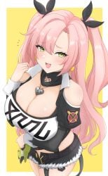 1girls :d absurdres amillion_(zenless_zone_zero) arm_under_breasts bangboo_(zenless_zone_zero) belt black_belt black_shorts blush border breasts cleavage crop_top earrings female fur-trimmed_shorts fur_trim green_eyes hair_ribbon hand_up heart heart_earrings highres jewelry large_breasts long_hair looking_at_viewer midriff mole mole_on_breast mole_under_eye nicole_demara oerba_yun_fang open_mouth pendant pink_hair raised_eyebrows ribbon short_shorts shorts smile solo two_side_up very_long_hair wachikumori white_border yellow_background zenless_zone_zero