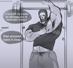 after_workout armpit armpit_fetish armpit_hair armpits body_hair bodyhair bulge bulge_through_clothing call_of_duty gay ghost_(modern_warfare_2) greyscale hairy_armpits hairy_chest imgl_unknow masked muscular muscular_male musk musk_clouds musky_armpit pulling_clothing showing_armpits simon_riley skull_mask sweaty_body talking_to_viewer