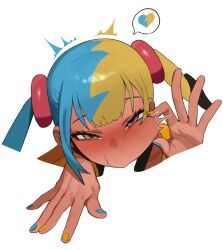 1boy 1girls aqua_hair blonde_hair blue_eyes blue_nails blush canari_(pokemon) canary_(pokemon) cheek_bulge commentary dark-skinned_female dark_skin drooling fellatio female fingernails fingers_to_cheek hair_ornament heart highres implied_fellatio jacket looking_at_viewer mask mask_pull meme mouth_mask multicolored_eyes multicolored_hair nail_polish negative_space negative_space_cunnilingus_(meme) oral pokemon pokemon_legends:_z-a pov radon1014 radon86_nya saliva sidelocks simple_background solo_focus split-color_hair straight twintails two-tone_hair yellow_eyes yellow_jacket yellow_nails