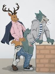 2021 anal anal_sex anthro anthro_on_anthro antlers beastars bodily_fluids bottomwear breath brown_body brown_fur canid canine canis cervid cervine clothed_sex denim denim_clothing dress_shirt duo english_text erection footwear fur furry genital_fluids genitals grey_body grey_fur highres hoodie horn interspecies jacket jeans legoshi_(beastars) louis_(beastars) male male_only mammal one_eye_closed open_clothing open_jacket open_topwear panting pants pants_down penis precum precum_string red_deer sex shirt shoes sneakers spicedpopsicle standing standing_sex testicles text tongue tongue_out topwear wolf yaoi