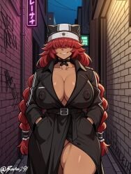 ai_generated alley belt black_choker black_coat bonfen291 braid breasts choker cleavage coat collarbone covered_nipples dark-skinned_female dark_skin female grin hair_over_eyes hands_in_pockets hat huge_breasts huge_nipples large_breasts long_hair lupusregina_beta night no_bra no_panties outdoors overlord_(maruyama) red_hair self_upload smile solo thick_thighs thighs trench_coat twin_braids twitter_username very_long_hair