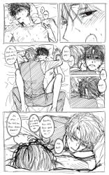 apologizing baek_saheon black_and_white black_hair blush blushing_profusely brown_hair comic comic_page dressed_top dressed_undressed gasping ghost_story_gotta_work green_eyes kim_soleum legs_apart missionary_position moaning moaning_in_pleasure moaning_name nude_bottom on_bed red_pupils suit suit_and_tie tagme