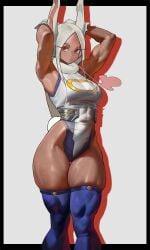1girls absurdres animal_ears armpits arms_up bare_shoulders black_border boku_no_hero_academia border breasts clothing_cutout commentary covered_abs covered_navel crescent_print dark-skinned_female dark_skin english_commentary female fur_collar gloves highleg highleg_leotard highres large_breasts leotard long_eyelashes long_hair looking_at_viewer mirko miruko parted_bangs purple_thighhighs rabbit_ears rabbit_girl rabbit_tail red_eyes rumi_usagiyama shadow solo tail tail_through_clothes taut_leotard the_antin thick_thighs thigh_gap thighhighs thighs toned toned_female very_long_hair white_background white_border white_gloves white_hair white_leotard