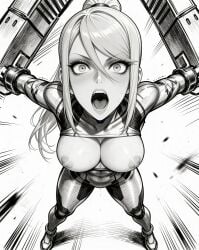 ai_generated big_eyes black_and_white blonde_female blonde_hair bodysuit bondage captured distress dripping dripping_pussy exposed_breasts eye_contact gaping_mouth jaw_drop legs_apart legs_spread nipples panic panicking perfect_body ripped_bodysuit ripped_clothing samus_aran scream screaming shocked shocked_expression shocked_eyes shocked_face shocked_female shocked_look stiff_nipples tight_fit wide_hips wide_stance zero_suit zero_suit_samus