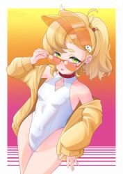 absurdres blonde_hair blue_archive breasts clothing_cutout commentary cosplay covered_navel diamond_cutout english_commentary female female_only gradient_background green_eyes highleg highleg_one-piece_swimsuit highres jacket long_hair one-piece_swimsuit open_mouth orange-tinted_eyewear piper_wheel raiso seia_(blue_archive) seia_(blue_archive)_(cosplay) seia_(swimsuit)_(blue_archive) side_ponytail small_breasts solo standing sunglasses swimsuit tinted_eyewear visor_cap white_one-piece_swimsuit yellow_jacket yellow_visor zenless_zone_zero