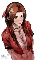 1girls aerith_gainsborough artist_signature belt belt_buckle big_breasts blush blush_lines bow braid breasts brown_hair buttons cleavage dress drill_hair female female_only final_fantasy final_fantasy_vii flower green_eyes hair_ornament hair_ribbon hands_behind_back high_resolution jacket large_breasts long_hair looking_at_viewer necklace pink_bow pink_dress pink_ribbon plain_background ponytail red_jacket ribbon sgk short_sleeves side_drill single_braid solo solo_focus square_enix tied_hair tri_drills upper_body white_background