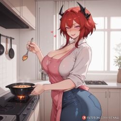 ai_generated apron arknights arknights:_endfield ass blue_pants blush breasts cleavage collared_shirt cooking curvaceous curvaceous_body curvy curvy_body curvy_female denim female food frying_pan hair_intakes heart holding horns huge_breasts indoors jeans kitchen laevatain_(arknights_endfield) large_breasts looking_at_viewer mature_female open_mouth pants patreon_logo patreon_username pink_apron plant purple_eyes red_hair scinna self_upload shirt short_hair sleeves_rolled_up smile solo spoon stable_diffusion stove voluptuous voluptuous_body voluptuous_female white_shirt