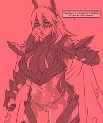 1girls crotchless english_text fire_emblem fire_emblem_heroes monochrome nintendo pokemilf red_eyes red_theme revealing_clothes see-through skeleton skelly_jelly solo_female source_request tagme text text_bubble thick thick_thighs thrasir thrasir_(fire_emblem) transparent_body uterus vagina